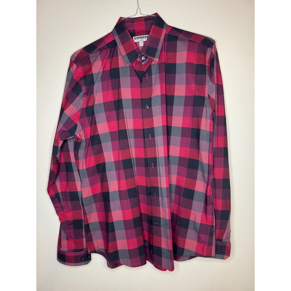 Express Fitted‎ Plaid Button Down Shirt Red Black Large